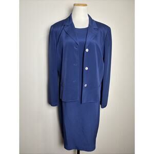 Vintage Talbots Blue Silk Dress Suit Jacket Set Sz 14P Career Business Occasion